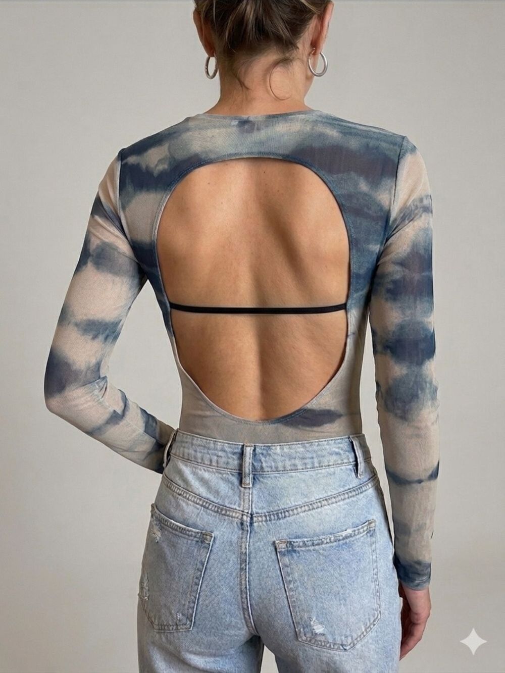 Zara Sheer Mesh Open Back Bodysuit Sz L Watercolor Abstract Tie Dye Long Sleeve - Picture 2 of 8